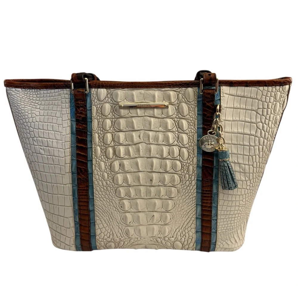 BRAHMIN HANDBAG, Medium Asher - Coconut Soraya Leather Tote Handbag, VERY GOOD.